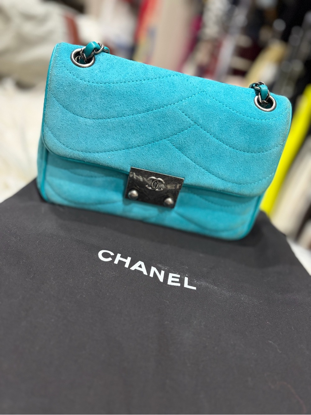 CHANEL Turquoise Suede Shoulder Bag with Pallidium Hardware